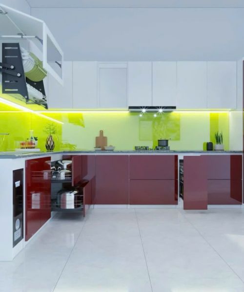 TỦ BẾP CÁNH KÍNH SƠN MÀU ĐỎ RƯỢU