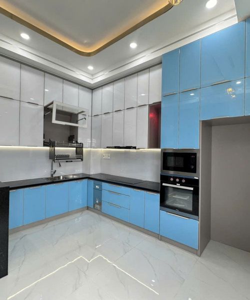 TỦ BẾP CÁNH KÍNH-KÍNH SƠN MÀU XANH BIỂN