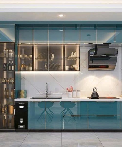 TỦ BẾP CÁNH KÍNH SƠN MÀU XANH 