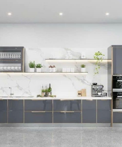 TỦ BẾP CÁNH KÍNH SƠN MÀU XÁM